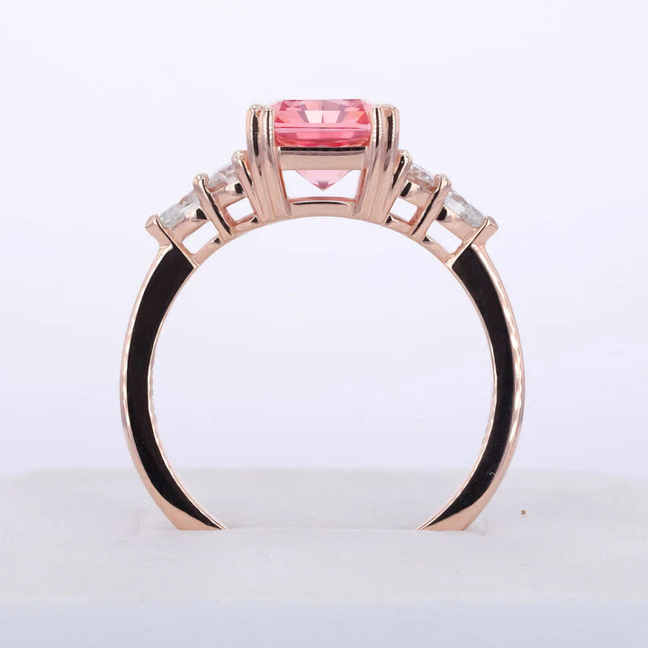 7x11mm, 4.90ct Long Cushion Lab-Grown Padparadscha Pink Sapphire with Diamonds Accents Ring in 14K Rose Gold