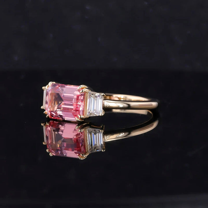 6.10ct Emerald-Cut Padparadscha Pink Sapphire Three-Stone Ring in 14K or 18K Yellow Gold
