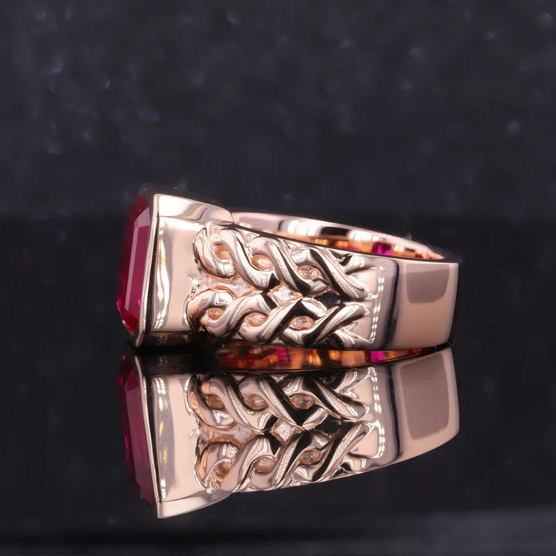 8*10mm Emerald Cut Red Ruby Bezel Set Ring in 10K Solid Rose Gold