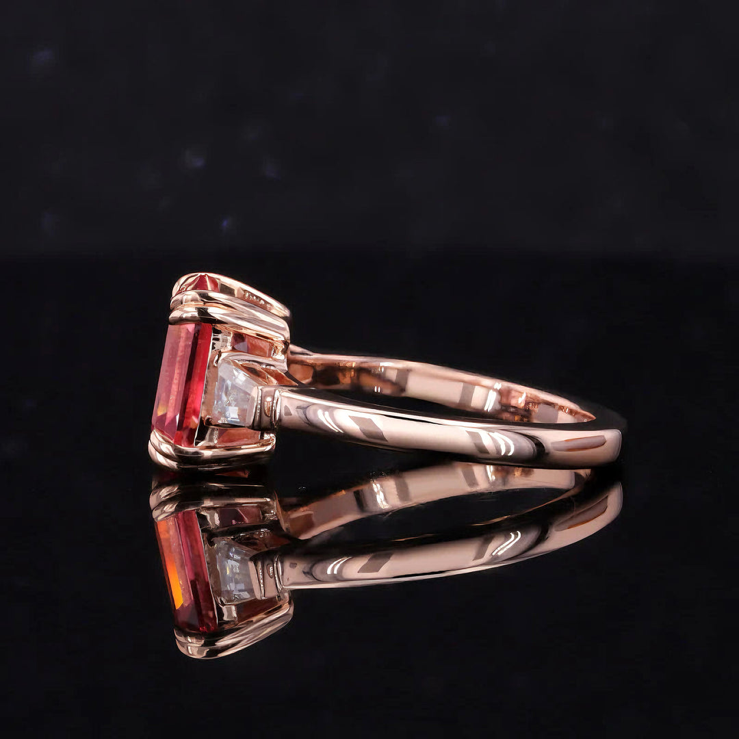 7x9mm, 3.00ct Emerald Lab-Grown Parparadscha Pink Sapphire Three-Stone Ring with Diamonds in 14K Rose Gold