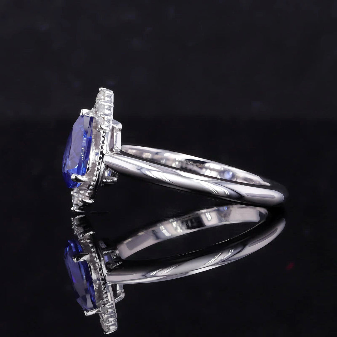 6x8mm, 1.60ct Pear Lab-Grown Blue Sapphire with Diamond Accents Ring in 14K White Gold