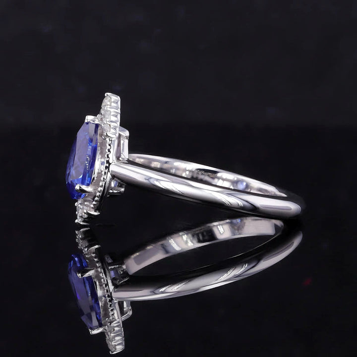 6x8mm, 1.60ct Pear Lab-Grown Blue Sapphire with Diamond Accents Ring in 14K White Gold