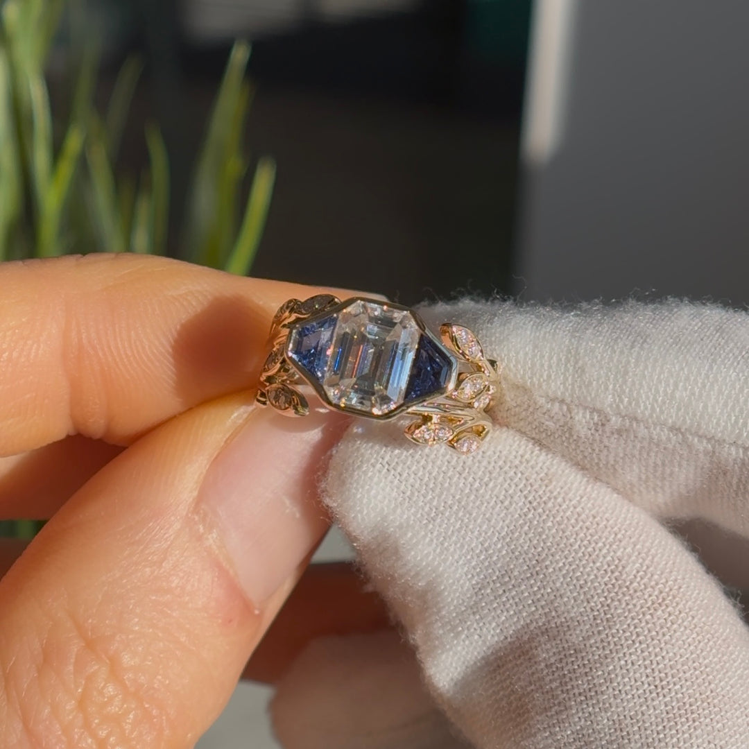 1.75ct Emerald Lab-Grown Diamond Solitaire Three-Stone Ring with Pavé Leaf Band in Yellow Gold