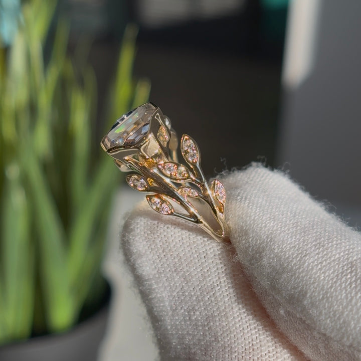 1.75ct Emerald Lab-Grown Diamond Solitaire Three-Stone Ring with Pavé Leaf Band in Yellow Gold