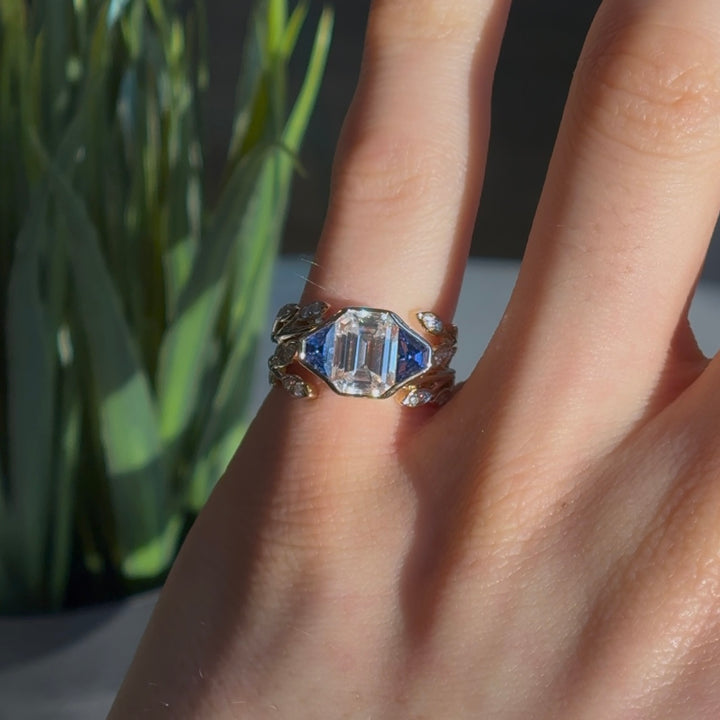 1.75ct Emerald Lab-Grown Diamond Solitaire Three-Stone Ring with Pavé Leaf Band in Yellow Gold