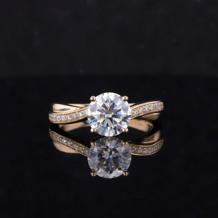1.5ct Round Cut Moissanite with Twisted Crown/Half-Eternity Setting in 14K Solid Yellow Gold