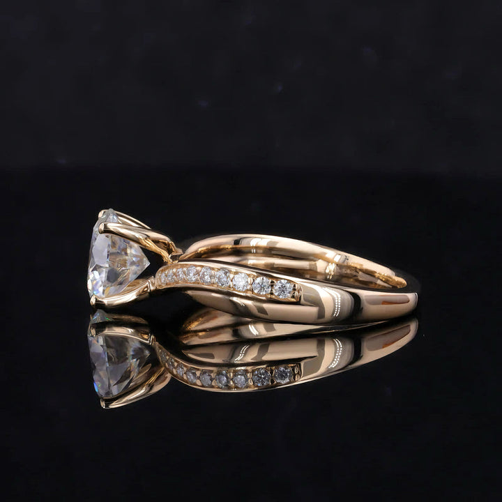 1.5ct Round Cut Moissanite with Twisted Crown/Half-Eternity Setting in 14K Solid Yellow Gold