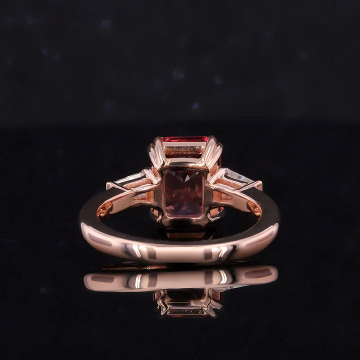 7x9mm, 3.00ct Emerald Lab-Grown Parparadscha Pink Sapphire Three-Stone Ring with Diamonds in 14K Rose Gold