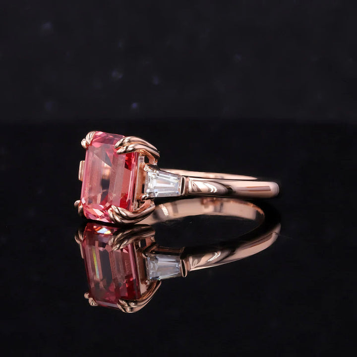 7x9mm, 3.00ct Emerald Lab-Grown Parparadscha Pink Sapphire Three-Stone Ring with Diamonds in 14K Rose Gold