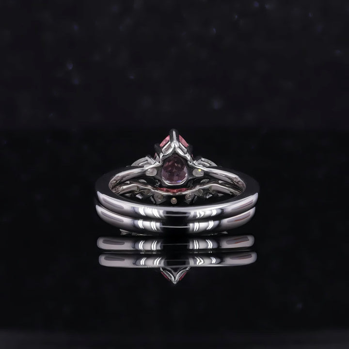 5x7mm, 0.85ct Pear Lab-Grown Pink Sapphire with Pear Diamond Three-Stone Ring with Stacking Diamond Ring in 14K White Gold