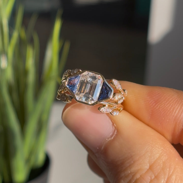 1.75ct Emerald Lab-Grown Diamond Solitaire Three-Stone Ring with Pavé Leaf Band in Yellow Gold