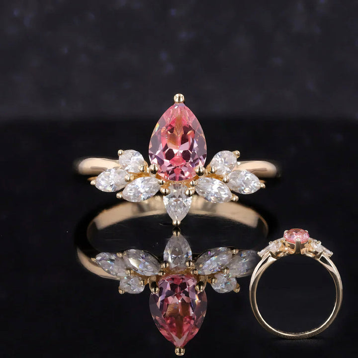 5x7mm, 0.85ct Pear Lab-Grown Pink Sapphire Ring with Marquise Diamond Accents in 14K Yellow Gold