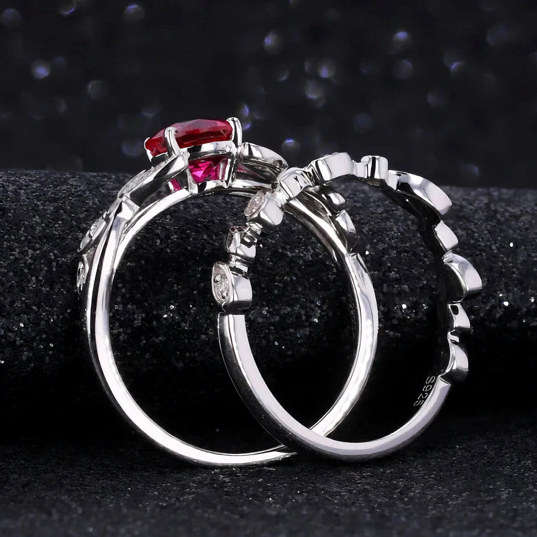 5mm, 1.00ct Round Lab-Grown Red Ruby with Floral Diamond Accent Ring with Floral Stacking Band in 14K White Gold