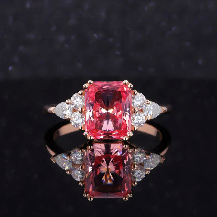7x11mm, 4.90ct Long Cushion Lab-Grown Padparadscha Pink Sapphire with Diamonds Accents Ring in 14K Rose Gold