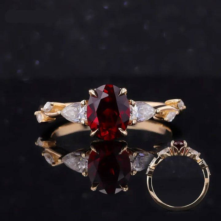 7x9mm, 2.50ct Oval Lab-Grown Red Ruby Ring with Floral Diamond Band in 14K Yellow Gold