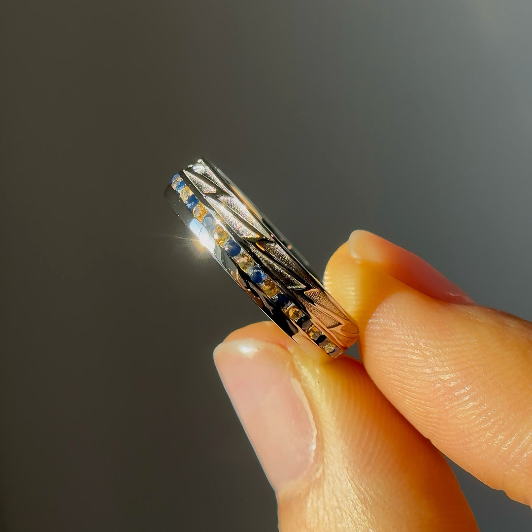 5mm "The Atoms & Impact" Yellow/Blue Sapphire Band Ring in White Gold