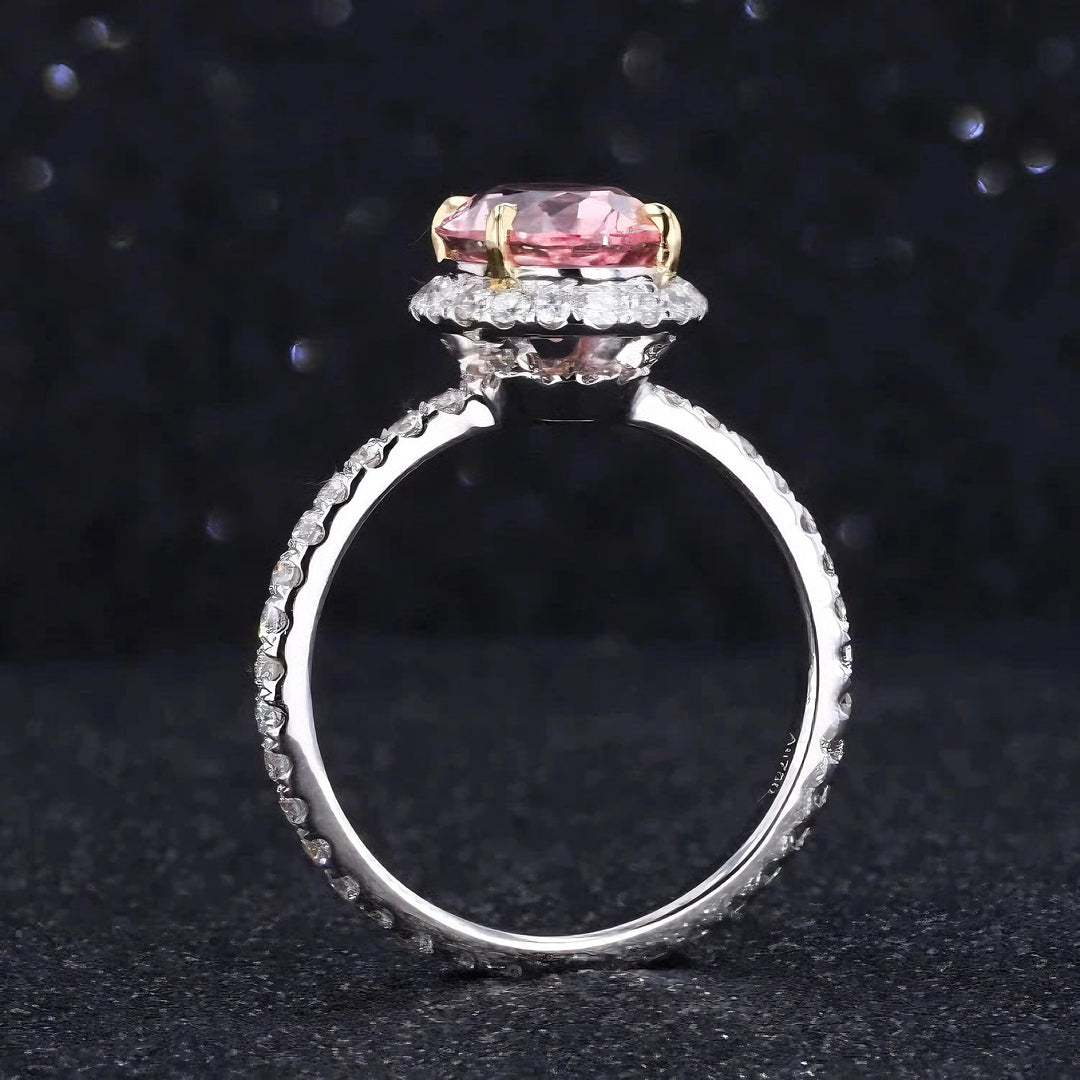8x10mm, 4.00ct Oval Lab-Grown Sakura Pink Sapphire with Diamond Halo/Eternity Ring in 14K White Gold