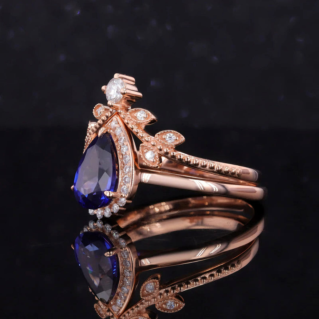 6x9mm, 2.00ct Pear Lab-Grown Blue Sapphire with Diamond Halo Ring with Stacking Ring in 18K Rose Gold