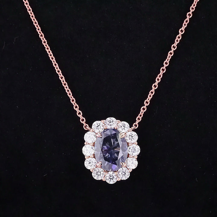 2.0ct Oval Blue Moissanite Diana Pendant Necklace with Diamond Halo in 14K/18K Rose Gold (7x9mm)