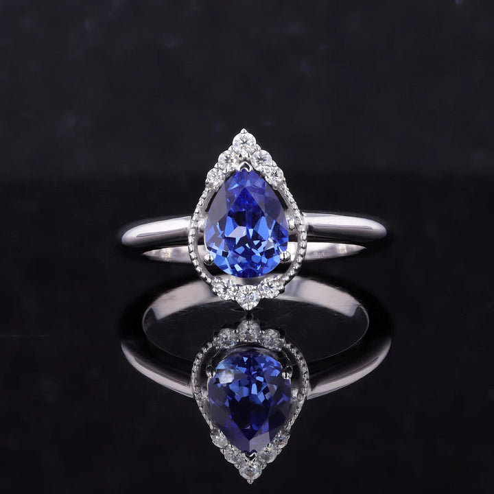 6x8mm, 1.60ct Pear Lab-Grown Blue Sapphire with Diamond Accents Ring in 14K White Gold