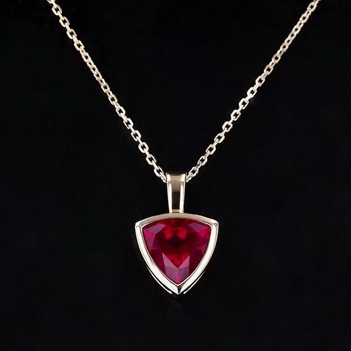 Trillion Cut Ruby Pendant Necklace in 10K Solid Yellow Gold