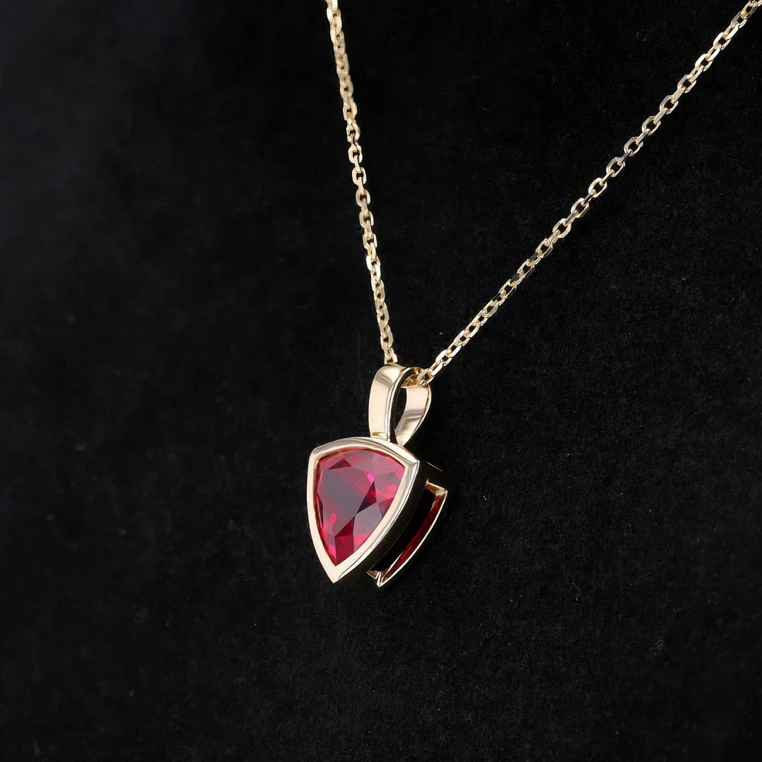 Trillion Cut Ruby Pendant Necklace in 10K Solid Yellow Gold