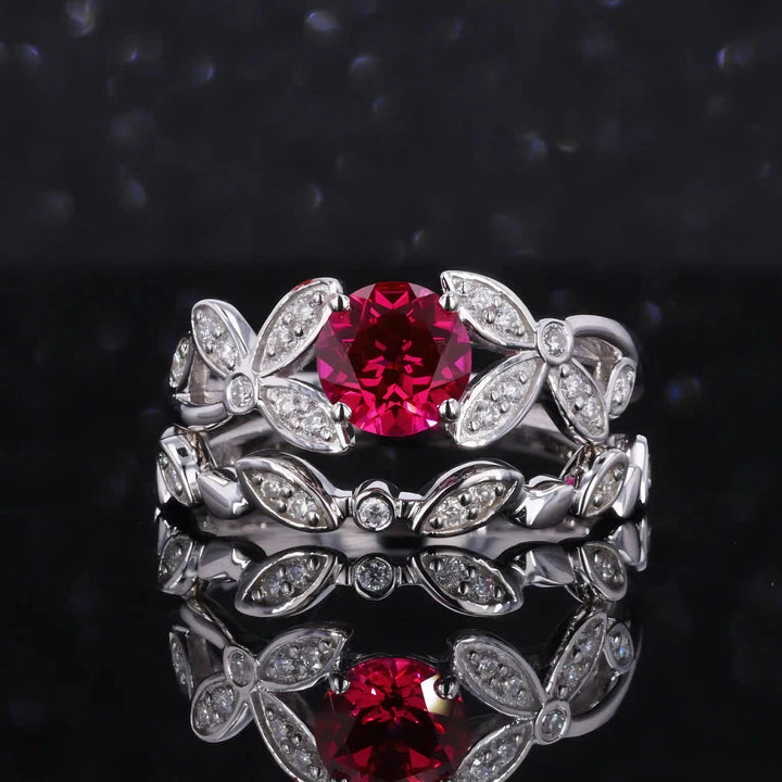 5mm, 1.00ct Round Lab-Grown Red Ruby with Floral Diamond Accent Ring with Floral Stacking Band in 14K White Gold