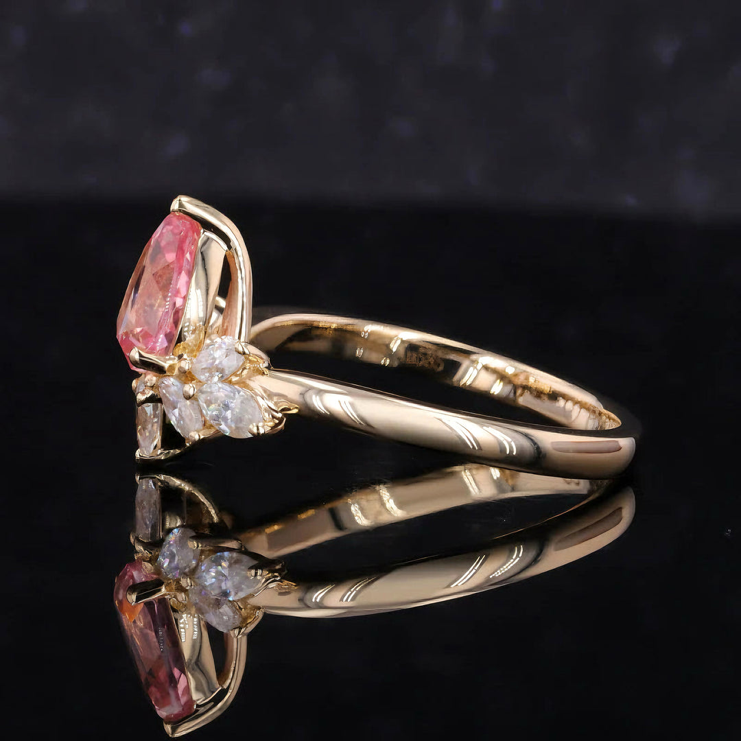 5x7mm, 0.85ct Pear Lab-Grown Pink Sapphire Ring with Marquise Diamond Accents in 14K Yellow Gold