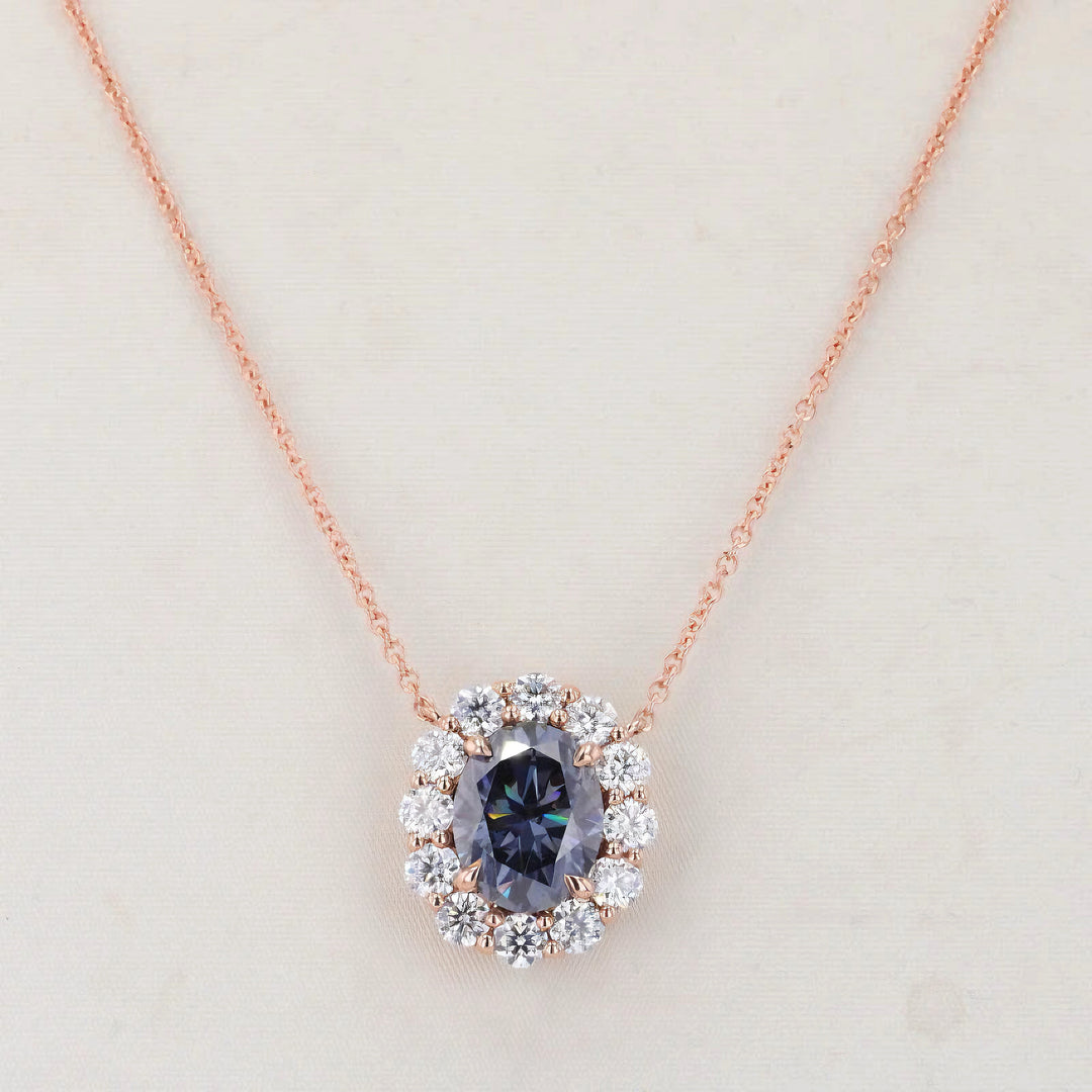 2.0ct Oval Blue Moissanite Diana Pendant Necklace with Diamond Halo in 14K/18K Rose Gold (7x9mm)