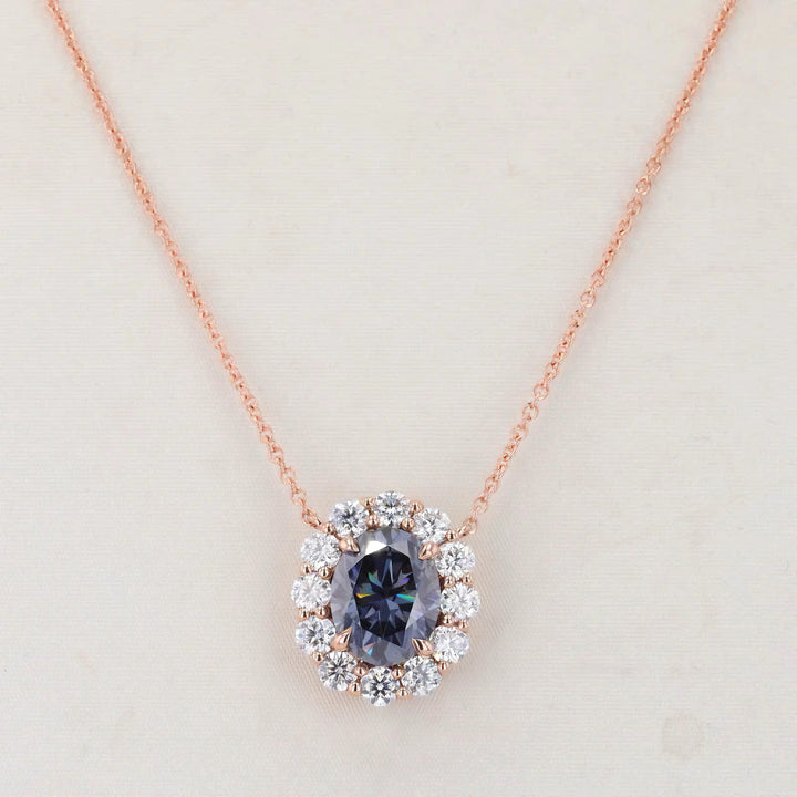 2.0ct Oval Blue Moissanite Diana Pendant Necklace with Diamond Halo in 14K/18K Rose Gold (7x9mm)