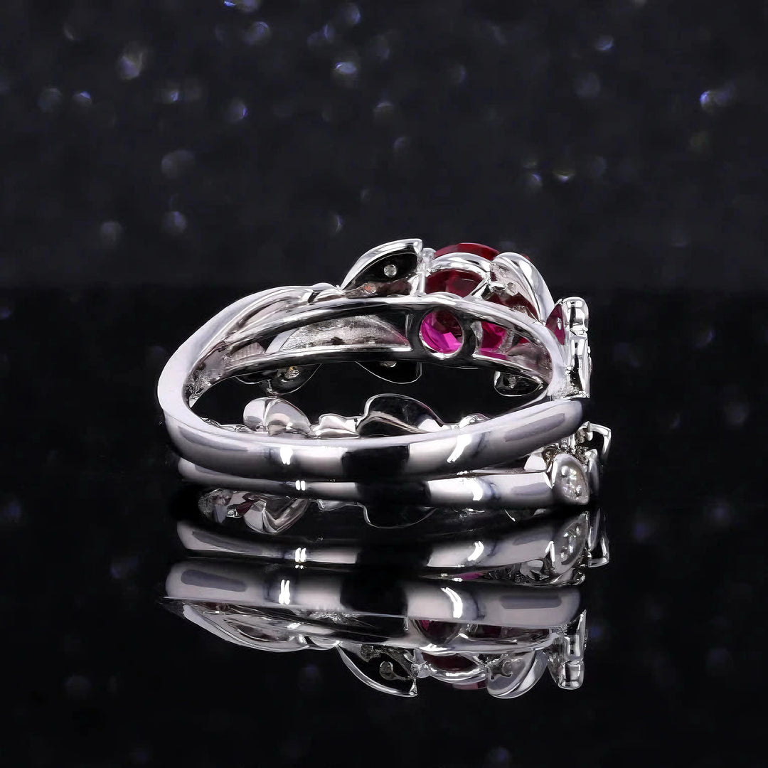 5mm, 1.00ct Round Lab-Grown Red Ruby with Floral Diamond Accent Ring with Floral Stacking Band in 14K White Gold