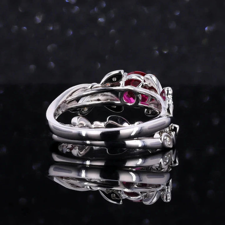 5mm, 1.00ct Round Lab-Grown Red Ruby with Floral Diamond Accent Ring with Floral Stacking Band in 14K White Gold