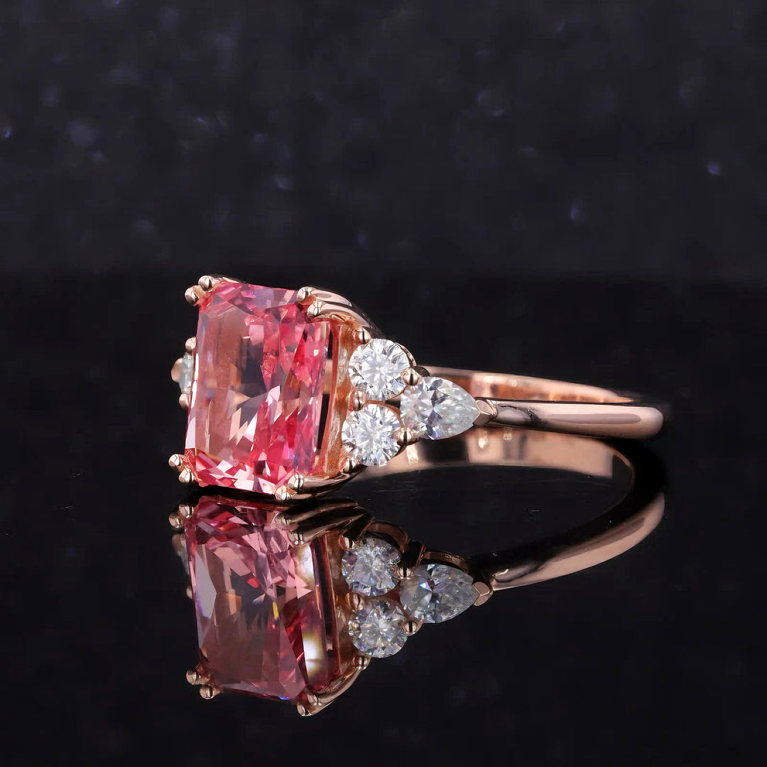 7x11mm, 4.90ct Long Cushion Lab-Grown Padparadscha Pink Sapphire with Diamonds Accents Ring in 14K Rose Gold