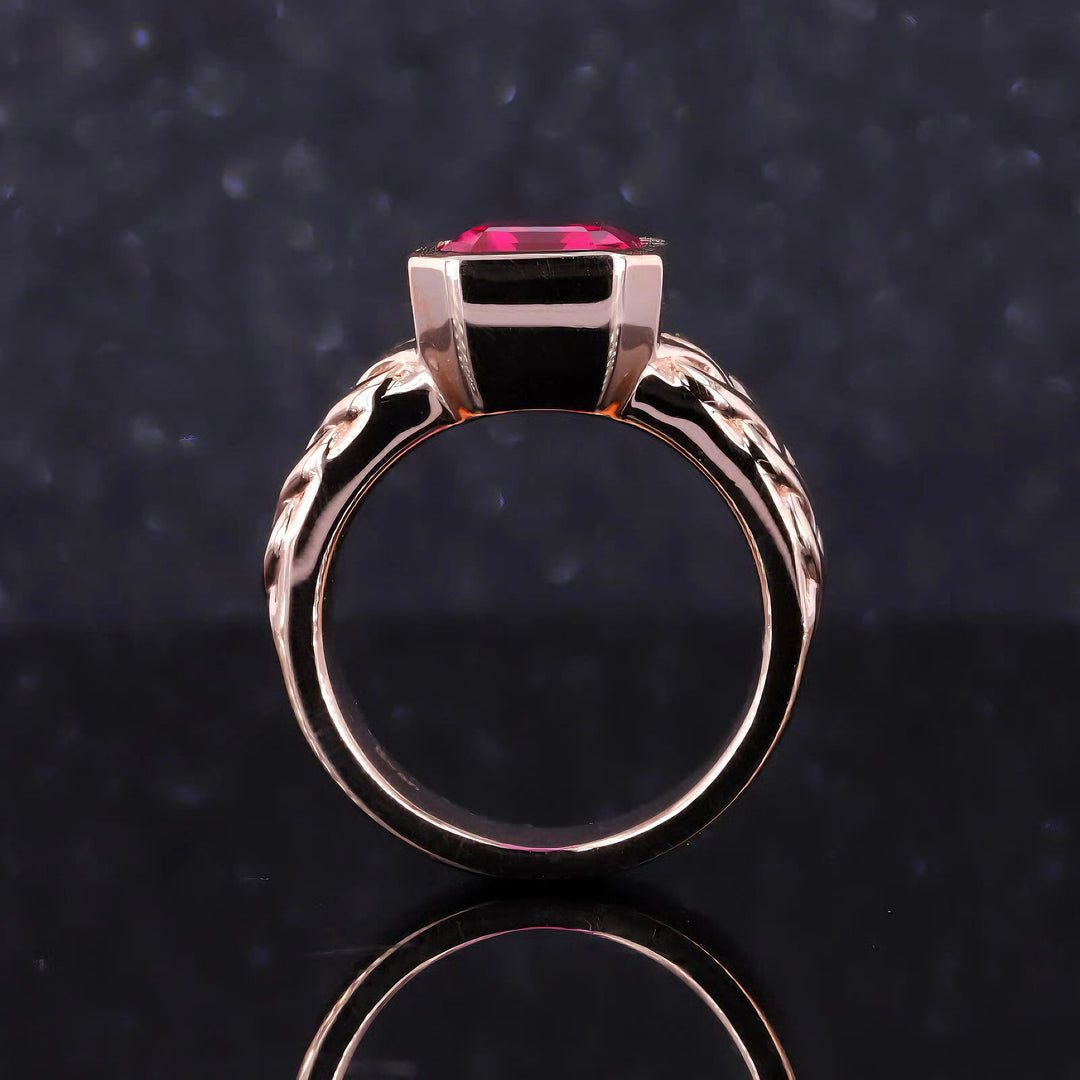 8*10mm Emerald Cut Red Ruby Bezel Set Ring in 10K Solid Rose Gold
