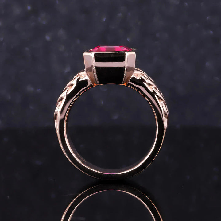 8*10mm Emerald Cut Red Ruby Bezel Set Ring in 10K Solid Rose Gold