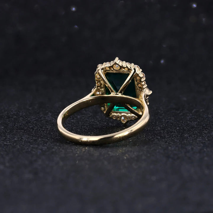 9x11mm, 4.60ct Lab-Grown Zambian Emerald with Diamond Halo Ring in 18K Yellow Gold