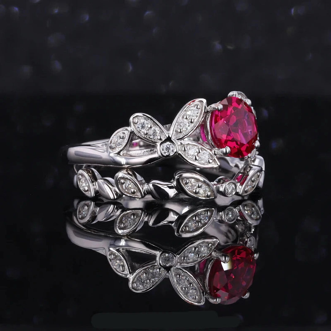 5mm, 1.00ct Round Lab-Grown Red Ruby with Floral Diamond Accent Ring with Floral Stacking Band in 14K White Gold