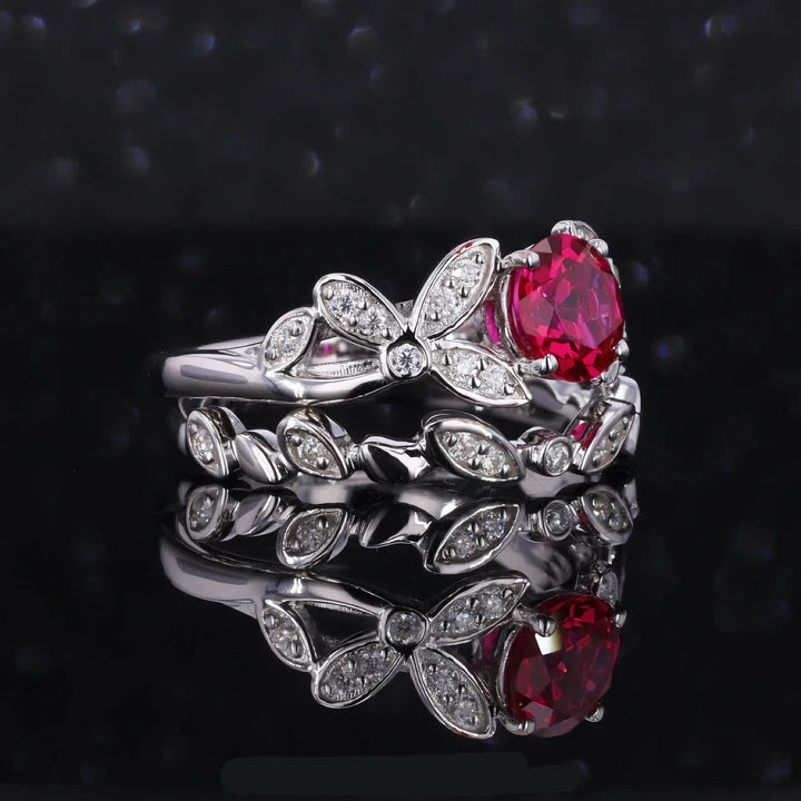 5mm, 1.00ct Round Lab-Grown Red Ruby with Floral Diamond Accent Ring with Floral Stacking Band in 14K White Gold