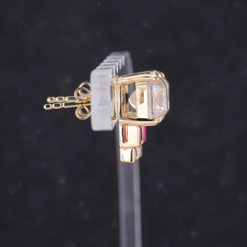 7*7mm, 2.80ctw Asscher Lab-Grown Diamond Earrings with Emerald Cut Ruby in 14k Solid Yellow Gold