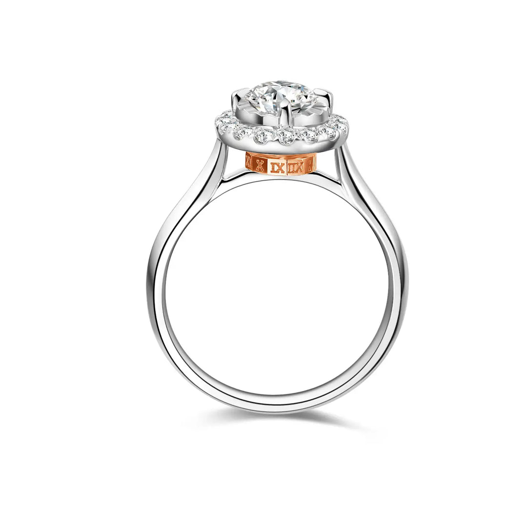0.75ct Round Lab-Grown Diamond Solitaire Ring with Raised Rose Gold Detail and Halo in White Gold