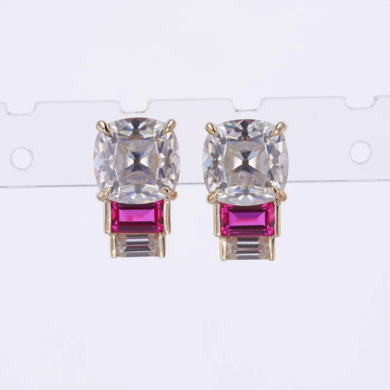 7*7mm, 2.80ctw Asscher Lab-Grown Diamond Earrings with Emerald Cut Ruby in 14k Solid Yellow Gold