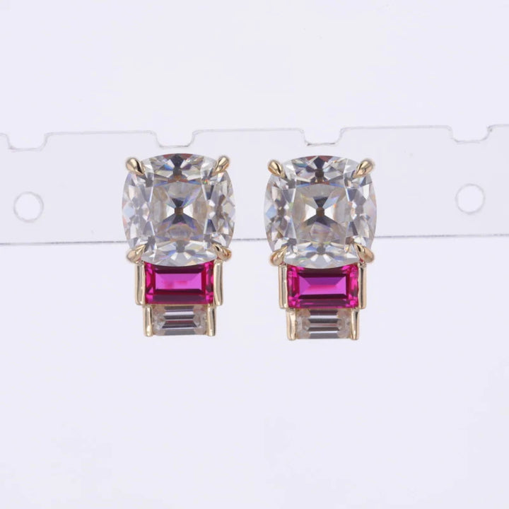 7*7mm, 2.80ctw Asscher Lab-Grown Diamond Earrings with Emerald Cut Ruby in 14k Solid Yellow Gold