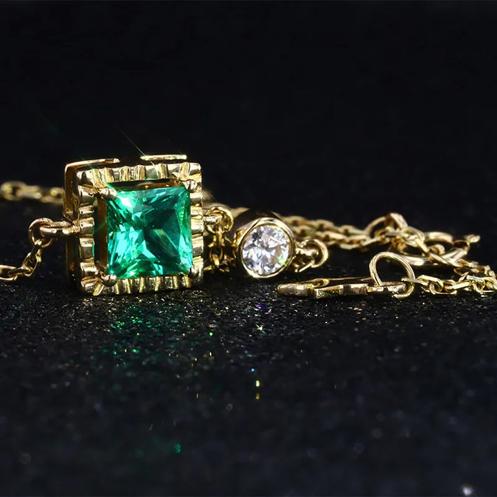 8x8mm, 2.25ct Princess Lab-Grown Colombian Emerald Pendant with Diamond Accent Necklace in 14K Yellow Gold