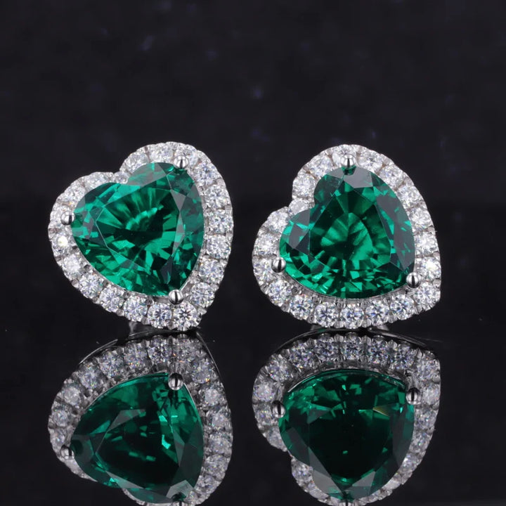 10mm, 3.20ct each Heart Lab-Grown Zambian Emerald with Diamond Halo Earrings in 18K White Gold