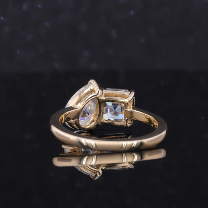 6x9mm Pear and 6.5mm Grey Asscher Cut Moissanite Toi Et Moi Ring in 10K Solid Yellow Gold