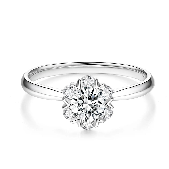 0.75ct Round Lab-Grown Diamond Solitaire Ring with Raised Classical Flower Halo Setting in White Gold