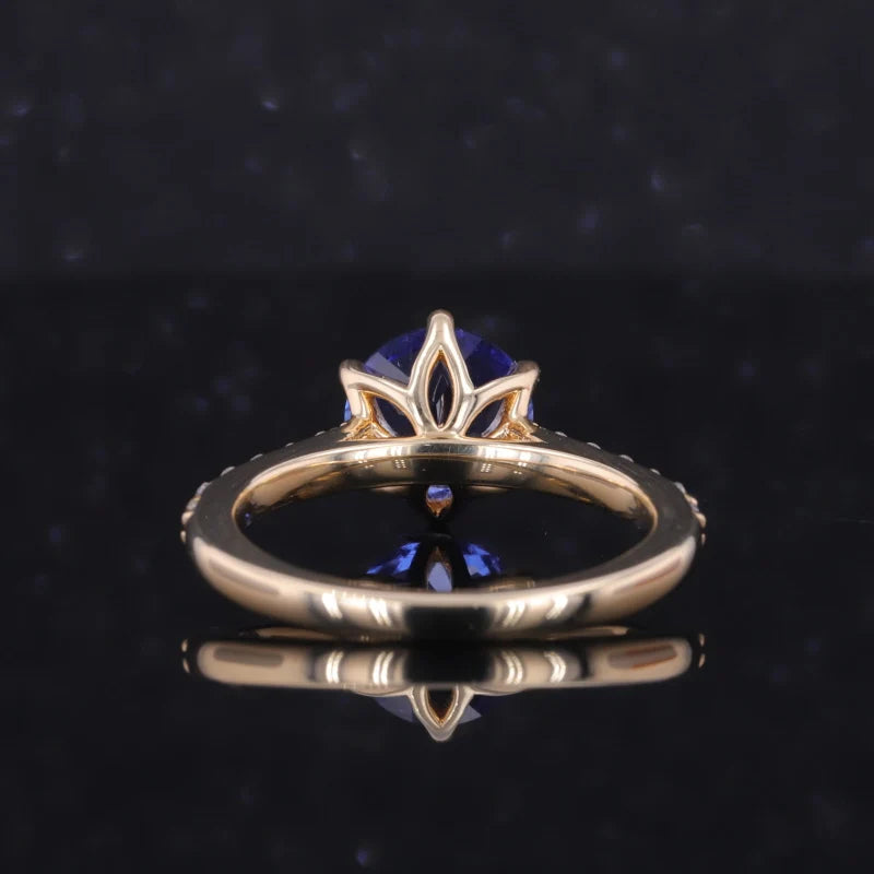 9mm, 3.75ct Round Lab-Grown Blue Sapphire with Diamond Half-Eternity Ring in 14K Yellow Gold