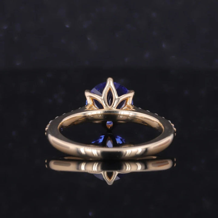 9mm, 3.75ct Round Lab-Grown Blue Sapphire with Diamond Half-Eternity Ring in 14K Yellow Gold