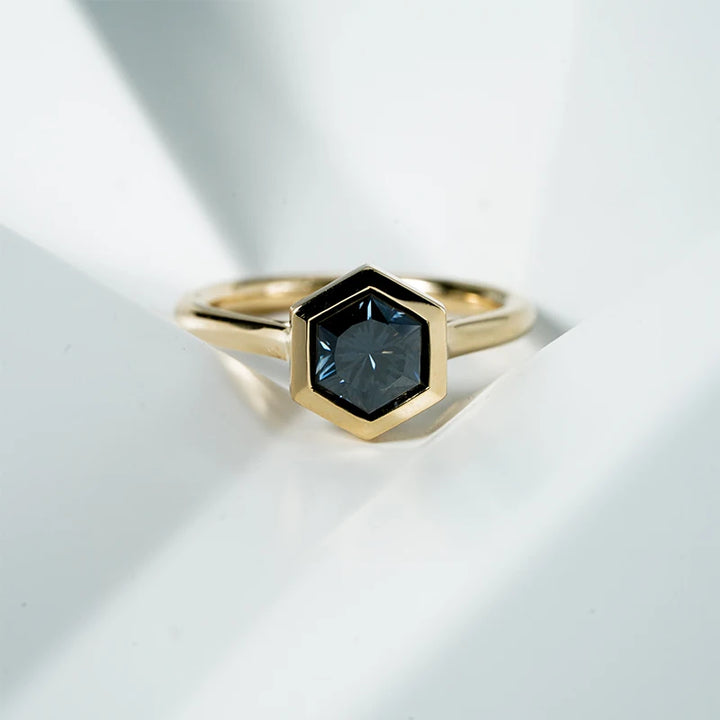 7*7mm Hexagon Cut Bezel Set Dark Gray Moissanite in 10K Solid Yellow Gold
