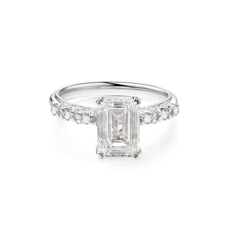 3.00ct Emerald Lab-Grown Diamond Solitaire Ring with Pavé Band in White Gold